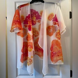 New Susan Graver Size Large Sheer White Floral Open Front Kimono Cardigan